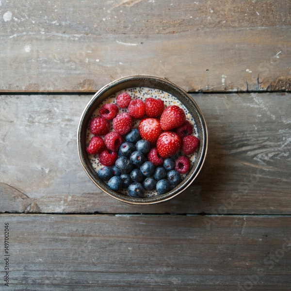 Fototapeta Overhead Berry Bowl on Rustic Wood - Healthy Chia Pudding or Overnight Oats