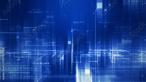 Obraz Abstract digital background featuring glowing blue lines, floating data elements, and futuristic tech innovation, Technology data network connect, Digital data transfer background 3D Rendering