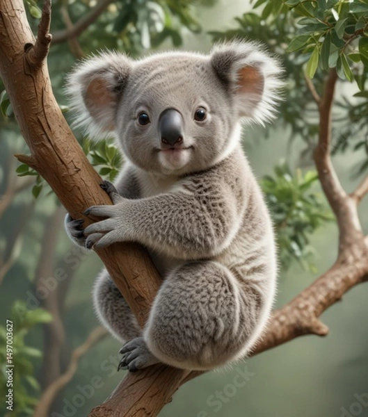 Fototapeta Playful koala infant clinging to branch, repeating design , joey, marsupial, paper