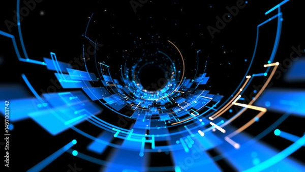 Fototapeta Abstract glowing blue tech tunnel with digital lines and floating data elements, perfect for technology, cyber, or futuristic concepts. Technology abstract background 3D Rendering