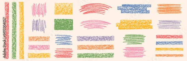 Fototapeta Textured colorful strokes, rectangle stripes strips scribbles collection. Chalk charcoal crayon pastel hand drawn artistic graphic elements, grungy shapes set. Rough text backgrounds boxes dividers.