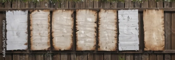 Fototapeta Multiple glued paper posters on a weathered wooden fence  Showing different degrees of damage and fading , vintage, fading, damage