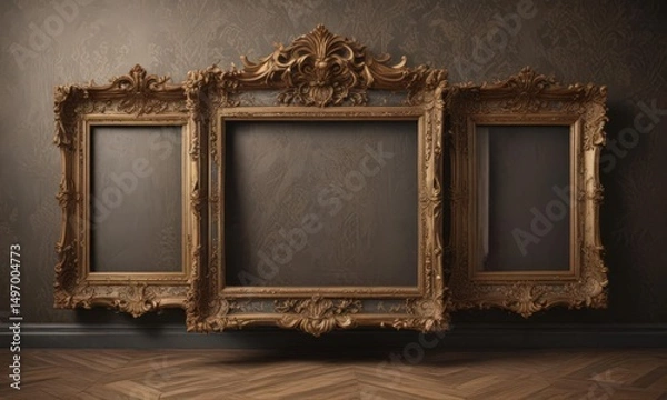 Fototapeta Intricate floral damask backdrop with aged photo frames ,  rich,  damask background