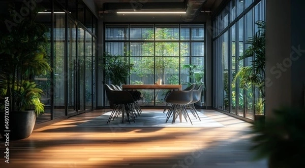 Fototapeta Modern Office Space with Large Windows and Indoor Plants