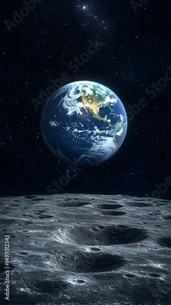 Fototapeta Earth's globe viewed from a cratered lunar surface against a starlit backdrop