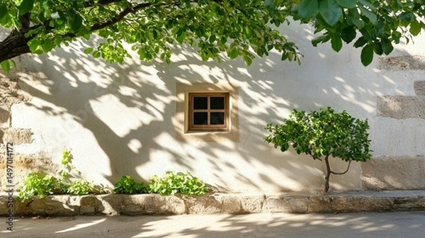Fototapeta Tree Shade on Stone Wall with Window