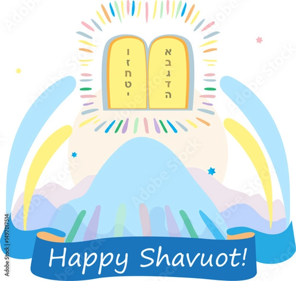 Fototapeta Happy Shavuot greeting card with traditional Jewish Holiday symbols. Torah Two tablets of the testimony with Ten commandments tablets of stone over the Mount Sinai, ribbon, religion elements poster