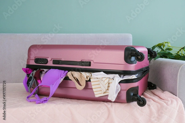 Fototapeta A suitcase with belongings a lot of clothes on the trip.