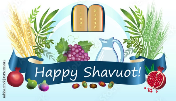 Fototapeta Happy Shavuot greeting card with seven species wheat, barley, grapes vines, figs, pomegranates, olive oil, honey and Torah with Ten commandments Hebrew letters, Jewish Holiday religion traditions sign