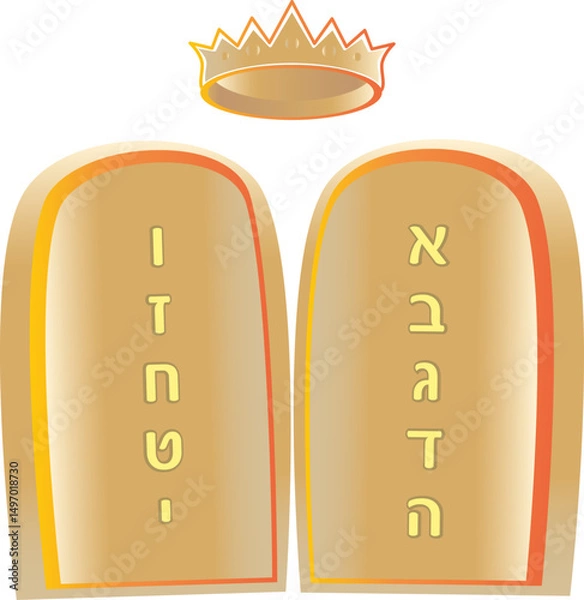 Fototapeta Torah Two tablets of the testimony Ten commandments tablets of stone with gold crown isolated on white background Jewish Holiday Pentecost Shavuot holiday icon religion traditions Passover card