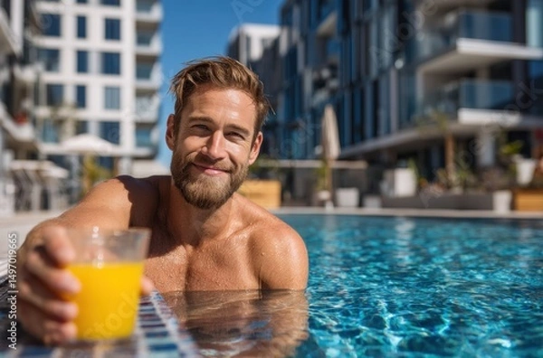 Fototapeta Man Refreshing with Juice in Luxurious Pool Setting on Sunny Day