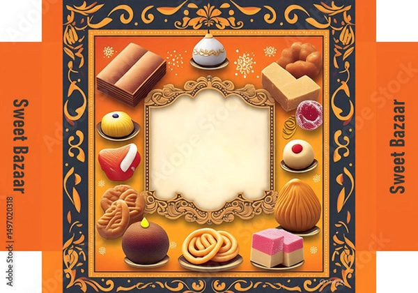 Fototapeta A vibrant graphic design depicts a variety of sweets arranged in a stylized, ornate frame. 