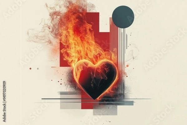 Fototapeta Minimalistic abstract art of a burning heart with geometric elements