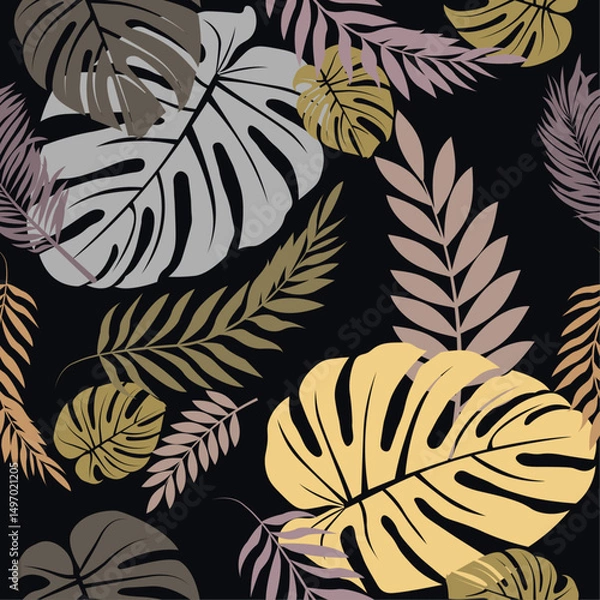 Obraz seamless background with leaves Neutral beige and black tropical leaf mix — a sophisticated jungle-style background.