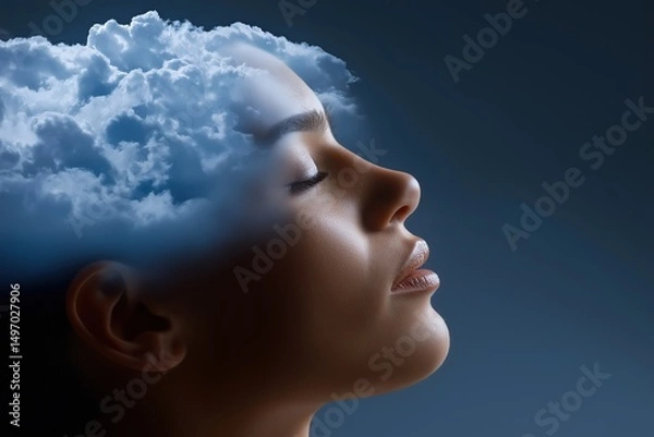Fototapeta A woman's face is shown with clouds in the background. The clouds are white and fluffy, and they seem to be floating above her head. The woman's face is calm and peaceful