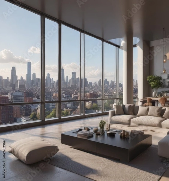 Fototapeta Panoramic city view from luxury condo penthouse, highrise, sunrise