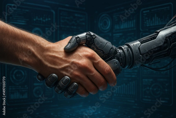 Fototapeta Close-Up of Human and Robot Handshake Symbolizing AI Collaboration