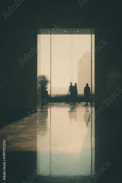 Fototapeta A peaceful morning in an office tower lobby with people arriving early Shoes echo on the marble floor and doors open quietly The mood is calm and steady 