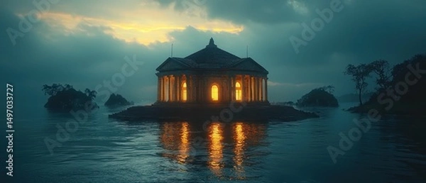 Fototapeta Enigmatic Temple on a Serene Lake at Dusk