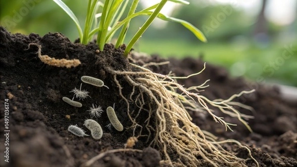 Fototapeta Close-up interaction of microbes on roots in soil with plant crops