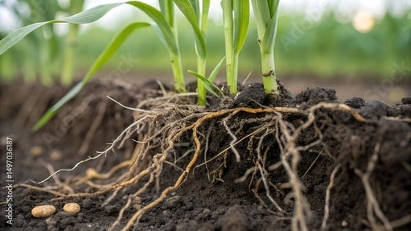 Fototapeta Young Corn Plants with Roots in Soil