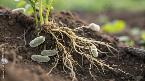 Fototapeta Close-up interaction of microbes on roots in soil with plant crops