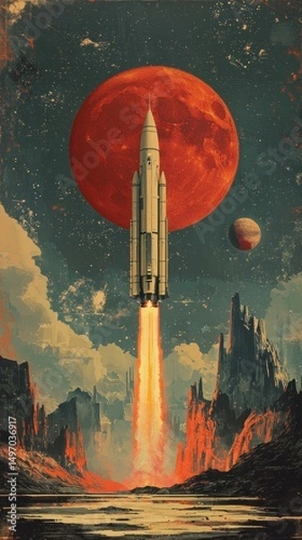Fototapeta Retro Futuristic Rocket Launch Towards a Crimson Planet
