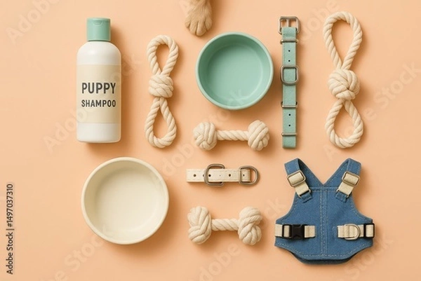 Fototapeta Flat lay arrangement of modern puppy accessories on a peach background, including shampoo, rope toys, feeding bowls, collars, and a denim harness. Concept of pet care essentials, dog grooming