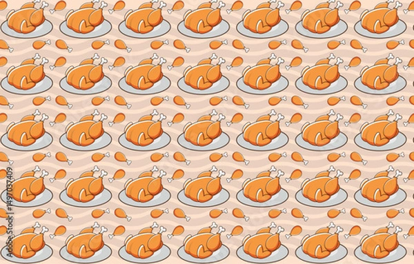 Fototapeta Roast chicken, vector illustration, clipart, for designers and backgrounds, pattern repeat.