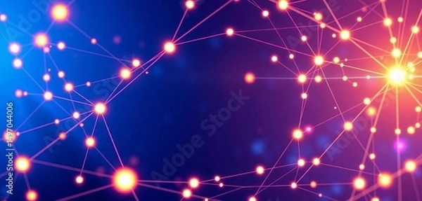 Fototapeta Abstract futuristic wide communication network, glowing nodes and lines on a blue background,  technology background, network