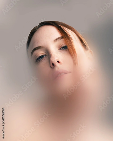 Fototapeta Conceptual artwork. Portrait of red-haired woman with piercing blue eyes looking downwards through blurred filter, conveying isolation and introspection. Concept of beauty, psychology.