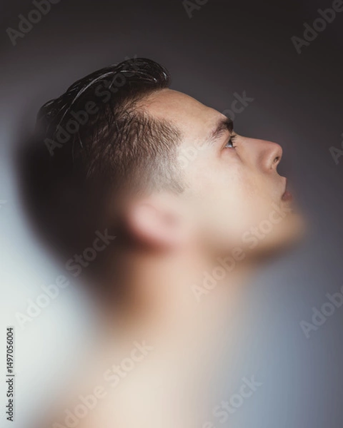 Fototapeta Conceptual collage. Young man in profile lit from below, eyes turned upward in soft gradient, expressing hope and concentration. Concept of strength, thought, light, male identity, inner peace.