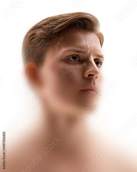Fototapeta Creative artwork. Close-up of serious young man in soft light, face surrounded by white blur and clear eyes focus. Portrait shows discipline and depth. Concept of masculinity, reflection, power.