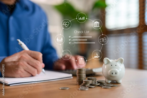 Fototapeta Personal financial management concept showing income and expense planning, savings, tax, and investment strategy with checklist, piggy bank, and stacked coins for smart budgeting.