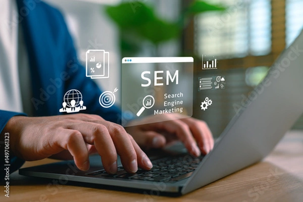 Fototapeta Search engine marketing (SEM) and digital strategy concept with a person using a laptop, data analytics icons, and marketing graphics. Boosting business visibility and online growth.
