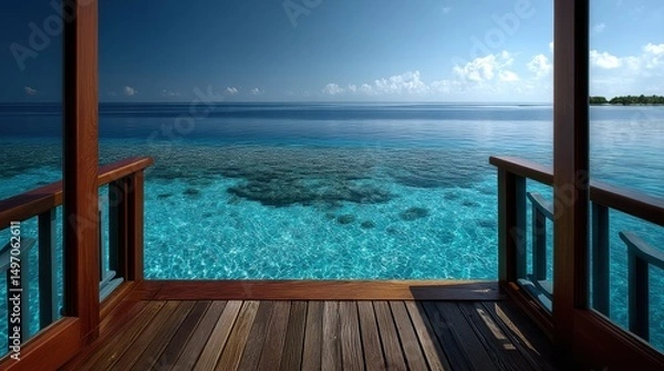 Fototapeta A breathtaking view of Maldives waters, perfectly still and clear from a villa deck, with dreamy islands far beyond.
