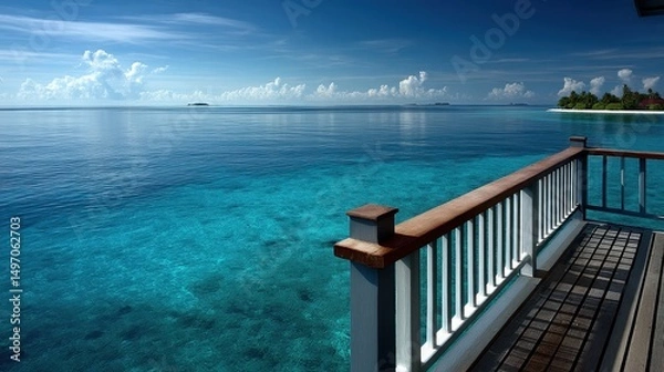 Fototapeta A breathtaking view of Maldives waters, perfectly still and clear from a villa deck, with dreamy islands far beyond.