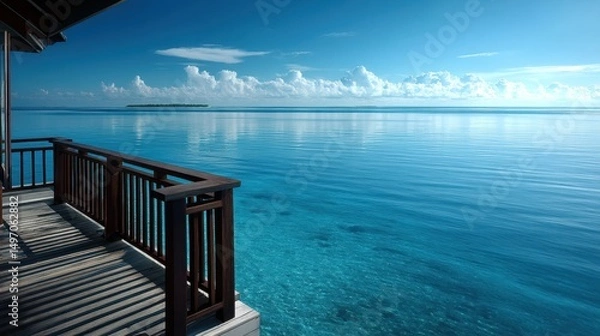 Fototapeta A breathtaking view of Maldives waters, perfectly still and clear from a villa deck, with dreamy islands far beyond.