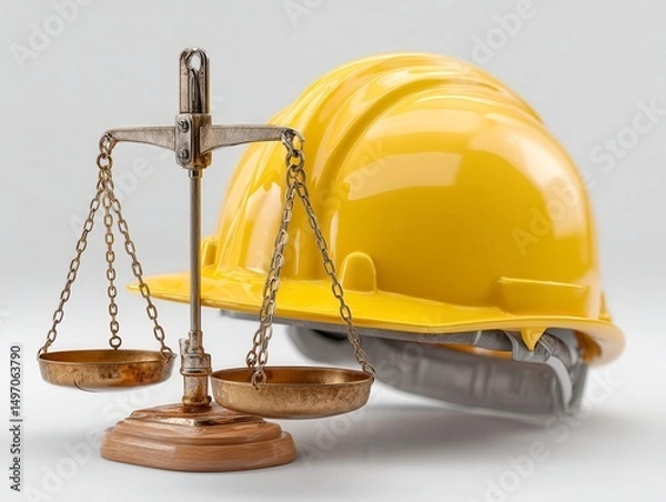 Fototapeta Balance of justice and safety helmet symbolizing law and protection