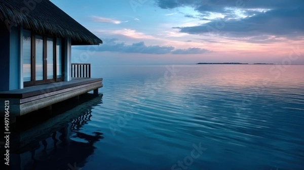 Fototapeta A serene moment in the Maldives: water villa overlooks glassy blue ocean, distant islets under a pastel sky, cinematic depth.