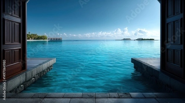 Fototapeta Breathtaking Maldives view: water villa facing calm ocean, horizon lined with islands, cinematic framing and photoreal clarity.