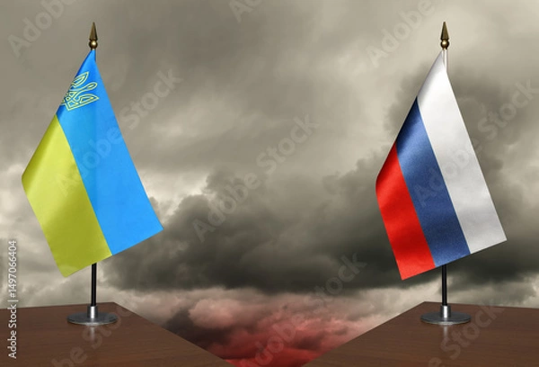 Obraz Table flags Ukraine and Russia a stormy sky in the background
