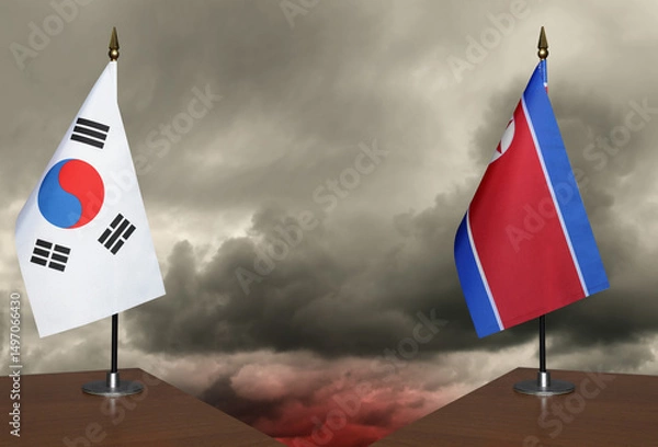 Obraz Table flags South Korea and North Korea a stormy sky in the background