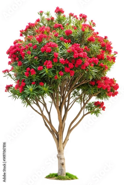 Fototapeta blooming oleander tree with red blossoms isolated on white background, PNG