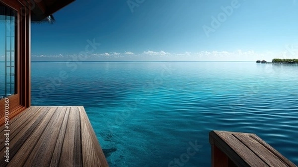 Fototapeta High-resolution ocean view from a water villa in Maldives. Tranquil sea meets horizon, islands dotting the skyline gently.