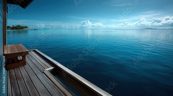 Fototapeta High-resolution ocean view from a water villa in Maldives. Tranquil sea meets horizon, islands dotting the skyline gently.