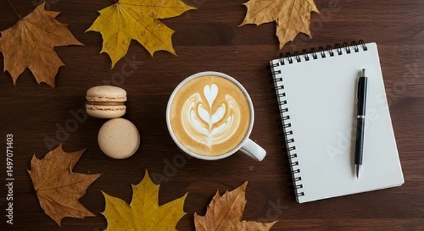 Fototapeta Autumnal flatlay with coffee latte macarons and notepad