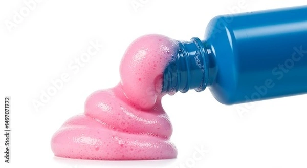 Fototapeta Pink foaming substance pouring from a blue bottle on white background
