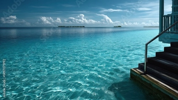 Fototapeta Peaceful and pristine, the sea outside a Maldives villa shimmers under soft daylight, tiny islands drift on the horizon.