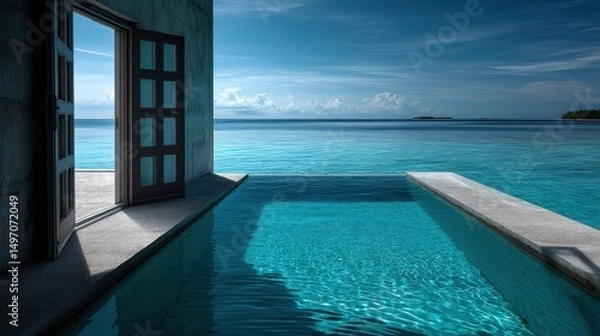 Fototapeta Peaceful and pristine, the sea outside a Maldives villa shimmers under soft daylight, tiny islands drift on the horizon.